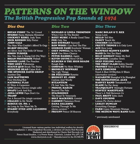 Albumcover: Patterns on the Window. Eine Liste von Songs verschiedener Künstler in drei Spalten.