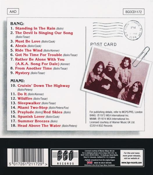 Rückseite eines CD-Covers mit Songliste von Bang und Miami, Foto von vier Musikern.