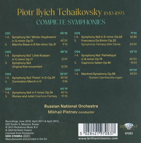 CD-Cover mit Text über Tschaikowskys vollständige Symphonien. Weißer Hintergrund, schwarzer Text.