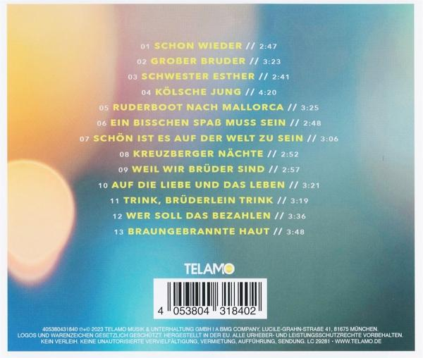 Rückseite einer CD-Hülle, mit Titelliste und Telamo-Logo auf buntem Farbverlaufshintergrund.