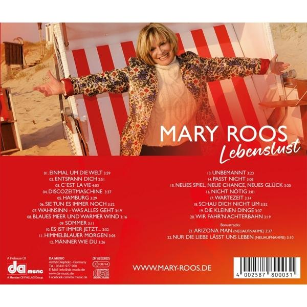 Albumcover. Frau im Strandkorb. Titel: Mary Roos Lebenslust. Text und Titelliste.