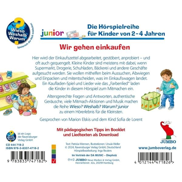 Cover der Hörspielreihe junior: Kinder beim Einkaufen, mit Buchdetails.