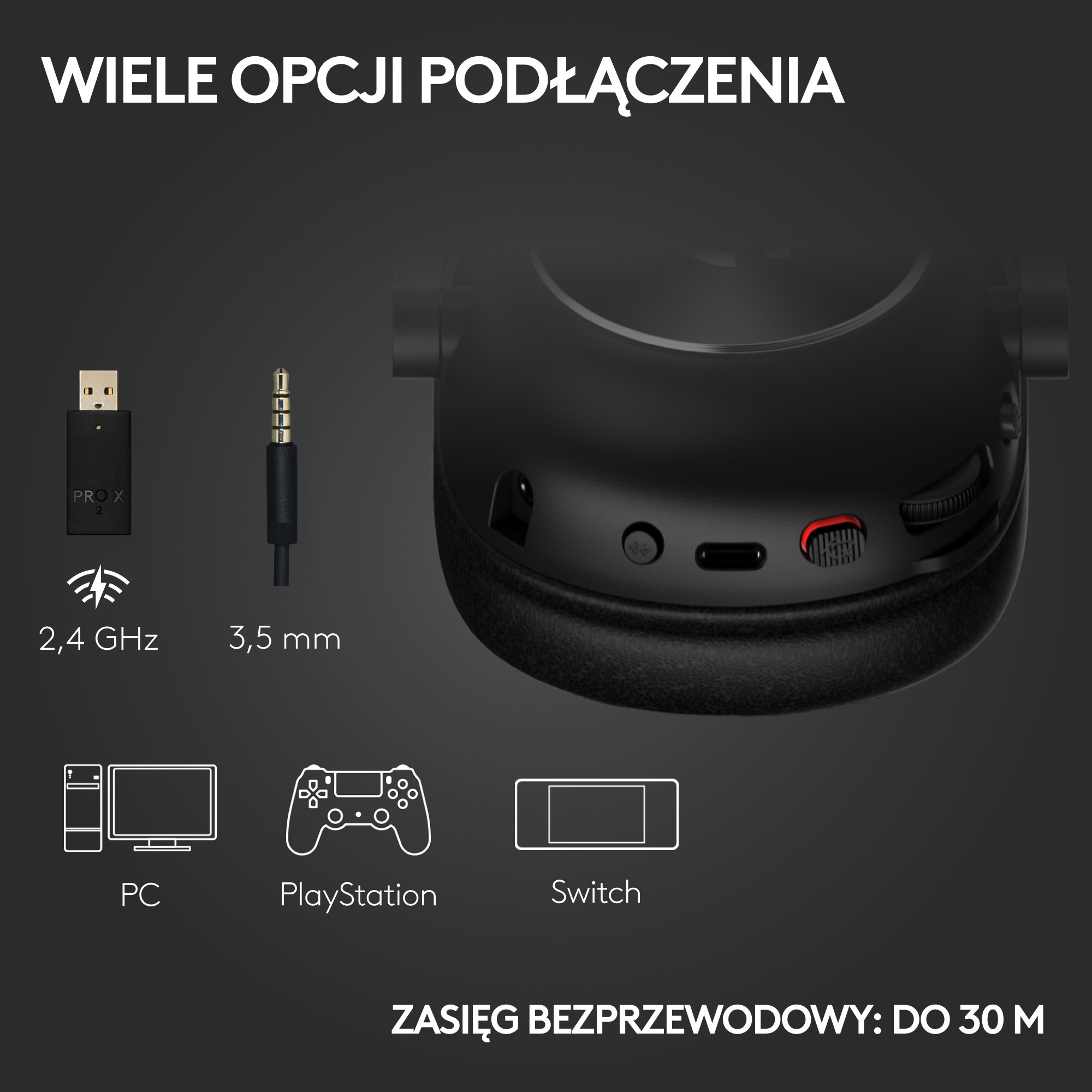 Słuchawki z opcjami połączeń: PC, PlayStation i Switch.