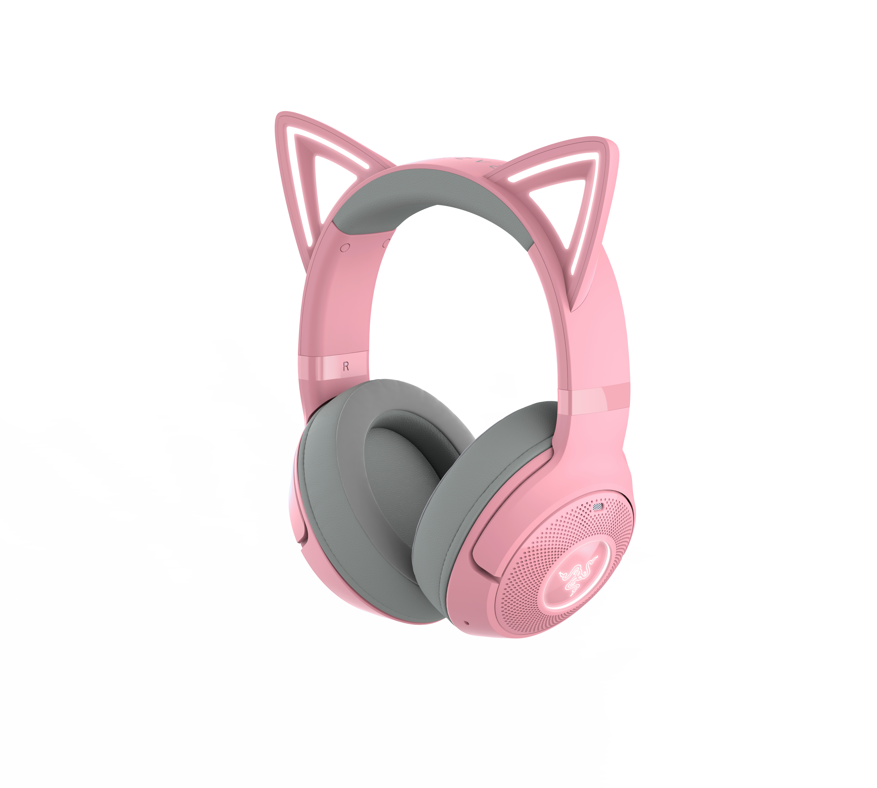Rosa Gaming-Kopfhörer mit Katzenohren-Aufsätzen, isoliert auf weißem Hintergrund.