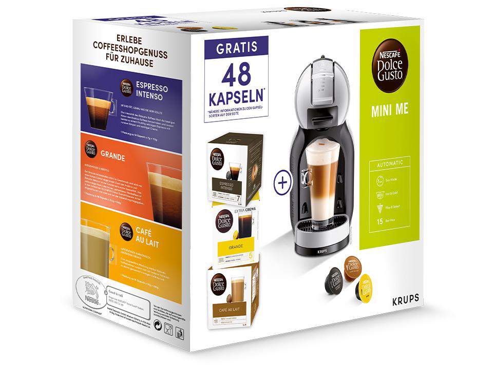 Schachtel mit einer Nespresso Dolce Gusto Mini Me Kaffeemaschine und Kaffeepads.