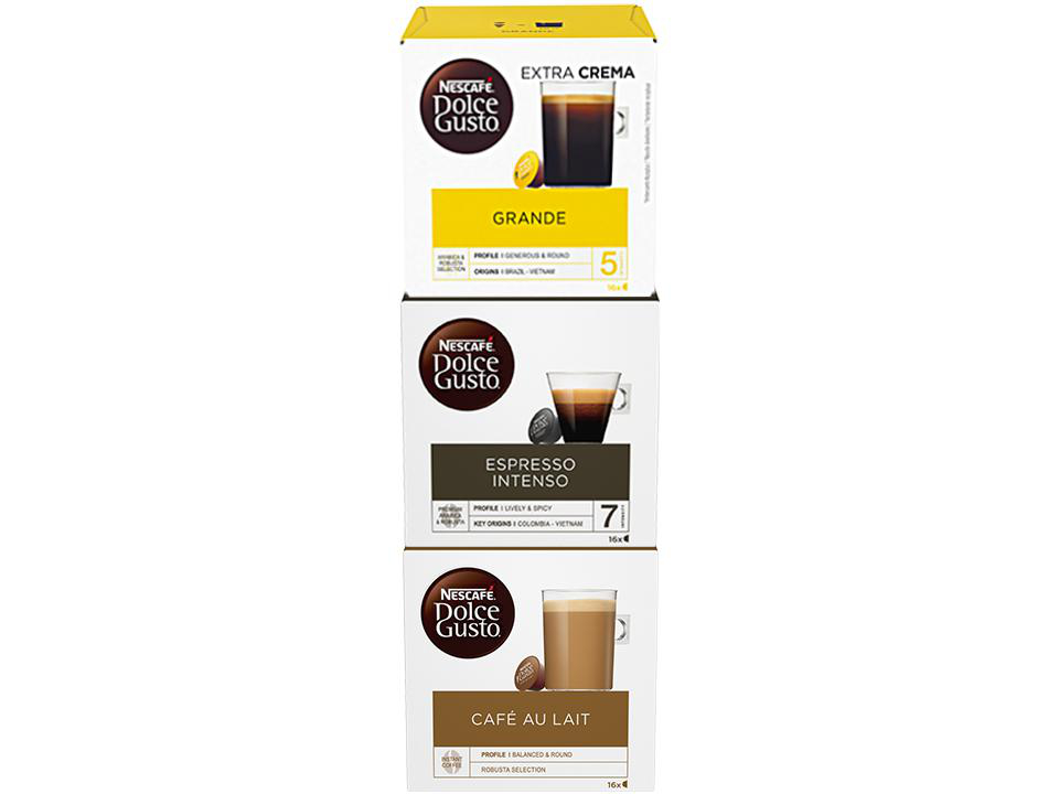 Drei Schachteln Nescafé Dolce Gusto Kaffeepads, beschriftet mit Grande, Espresso Intenso und Café au Lait.