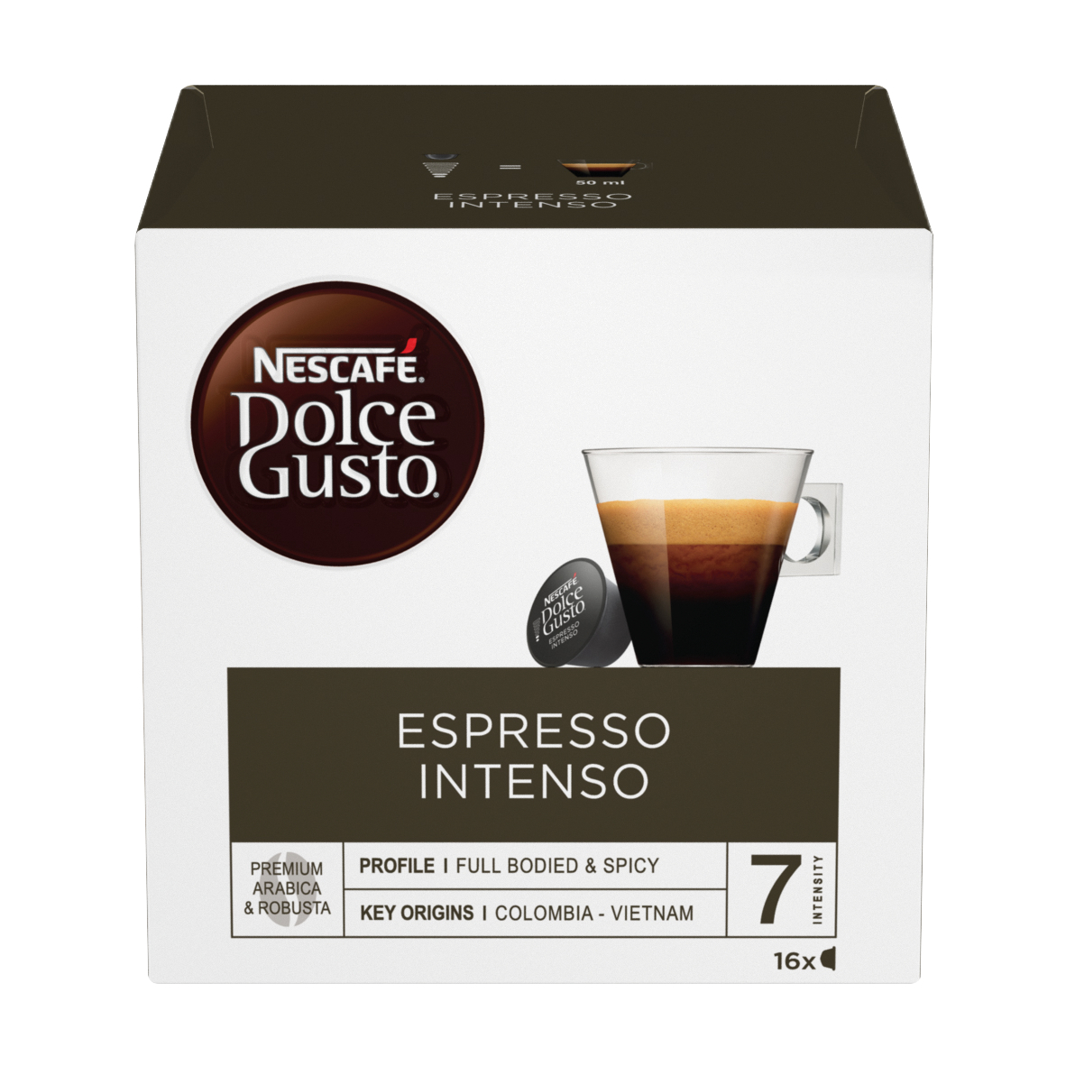 Eine weiße Schachtel mit Nescafe Dolce Gusto Espresso Intenso Kaffeekapseln, die das Produkt zeigen.