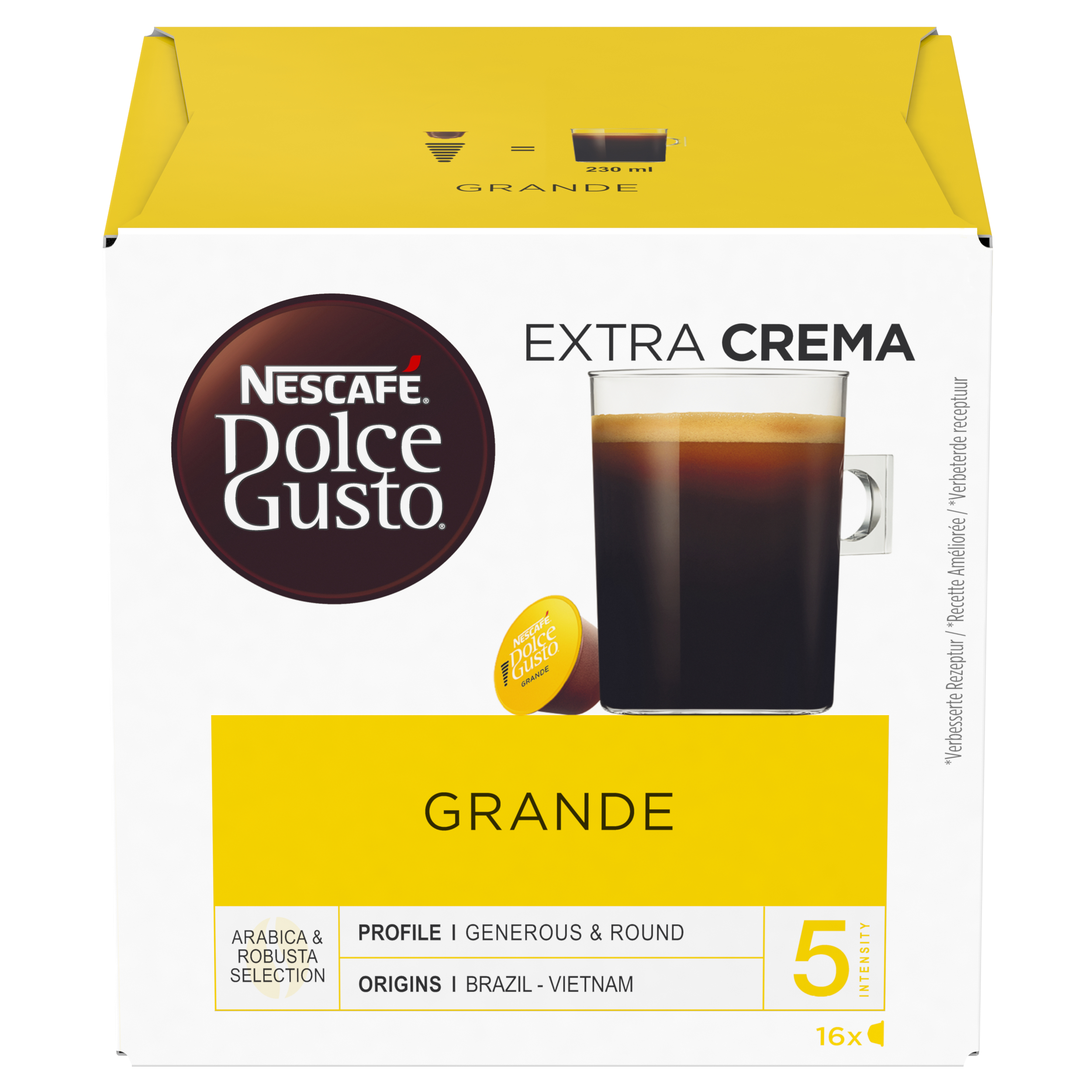 Nescafe Dolce Gusto Kaffeebox. Enthält eine Tasse Kaffee und eine Kaffeekapsel.