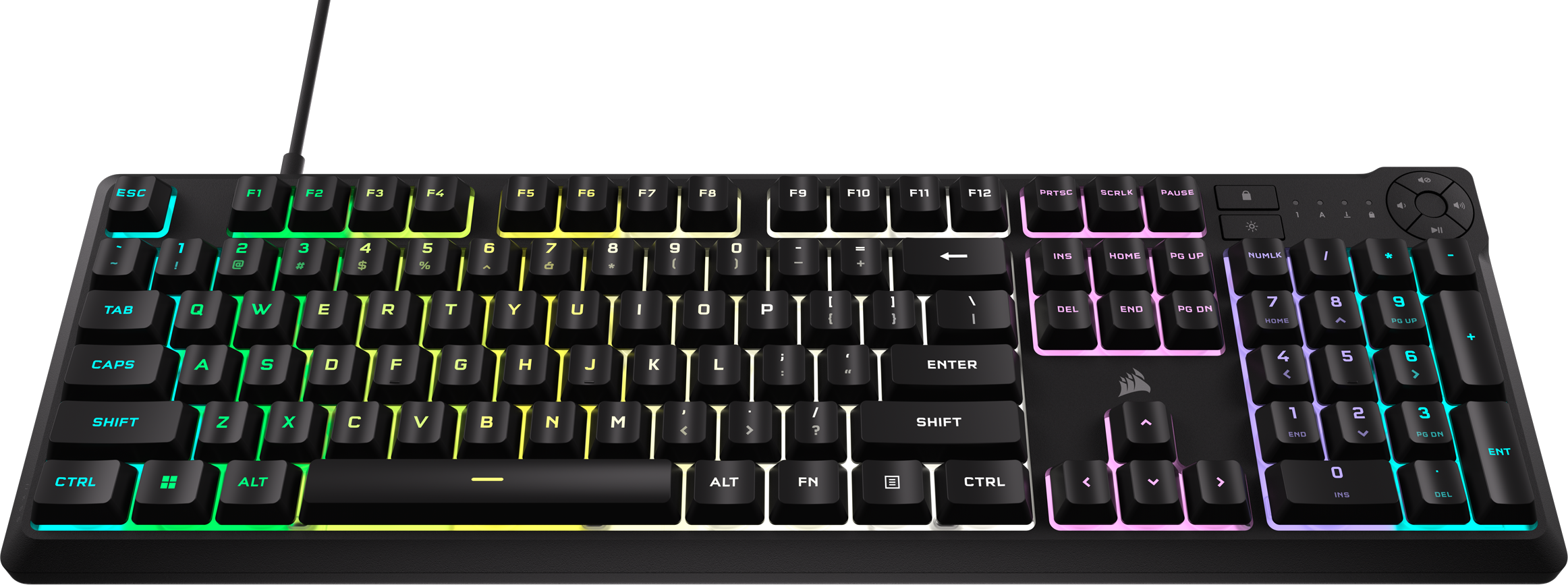 Una tastiera nera con tasti retroilluminati colorati. La tastiera è su una superficie nera.
