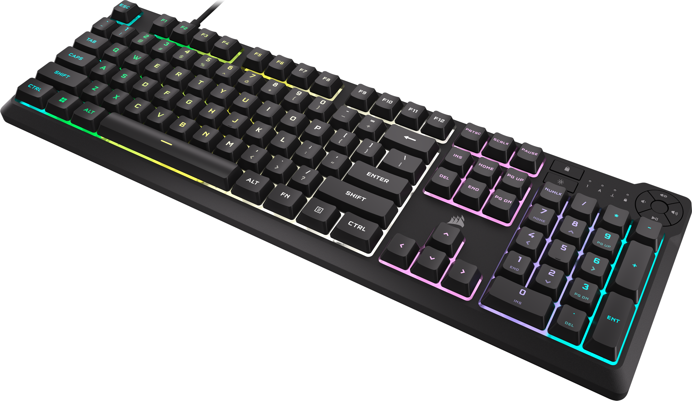 Tastiera da gioco nera con tasti retroilluminati colorati su sfondo nero.