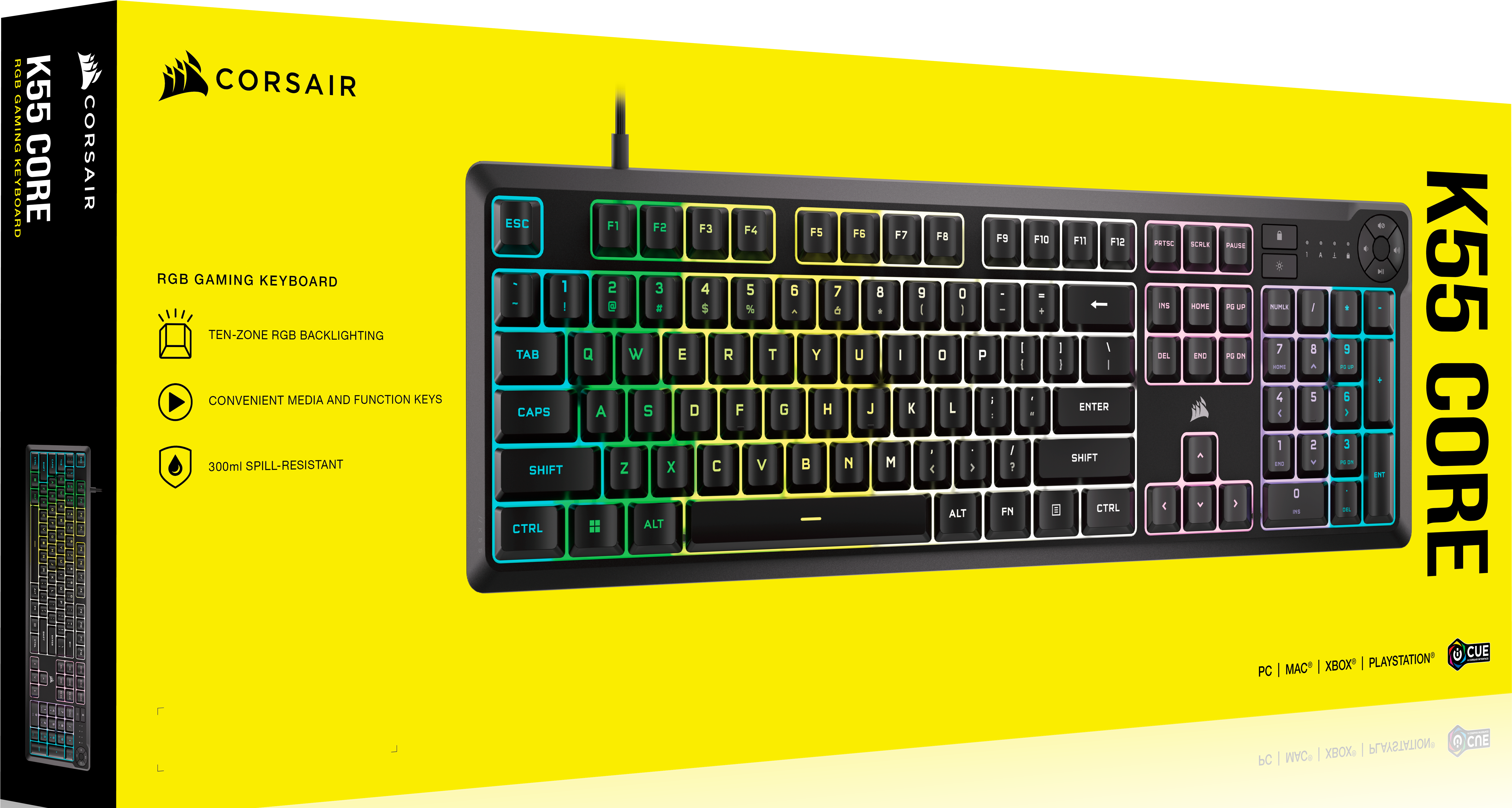 Tastiera gaming Corsair K55 Core RGB nella sua scatola. La tastiera ha tasti colorati e una cornice nera.