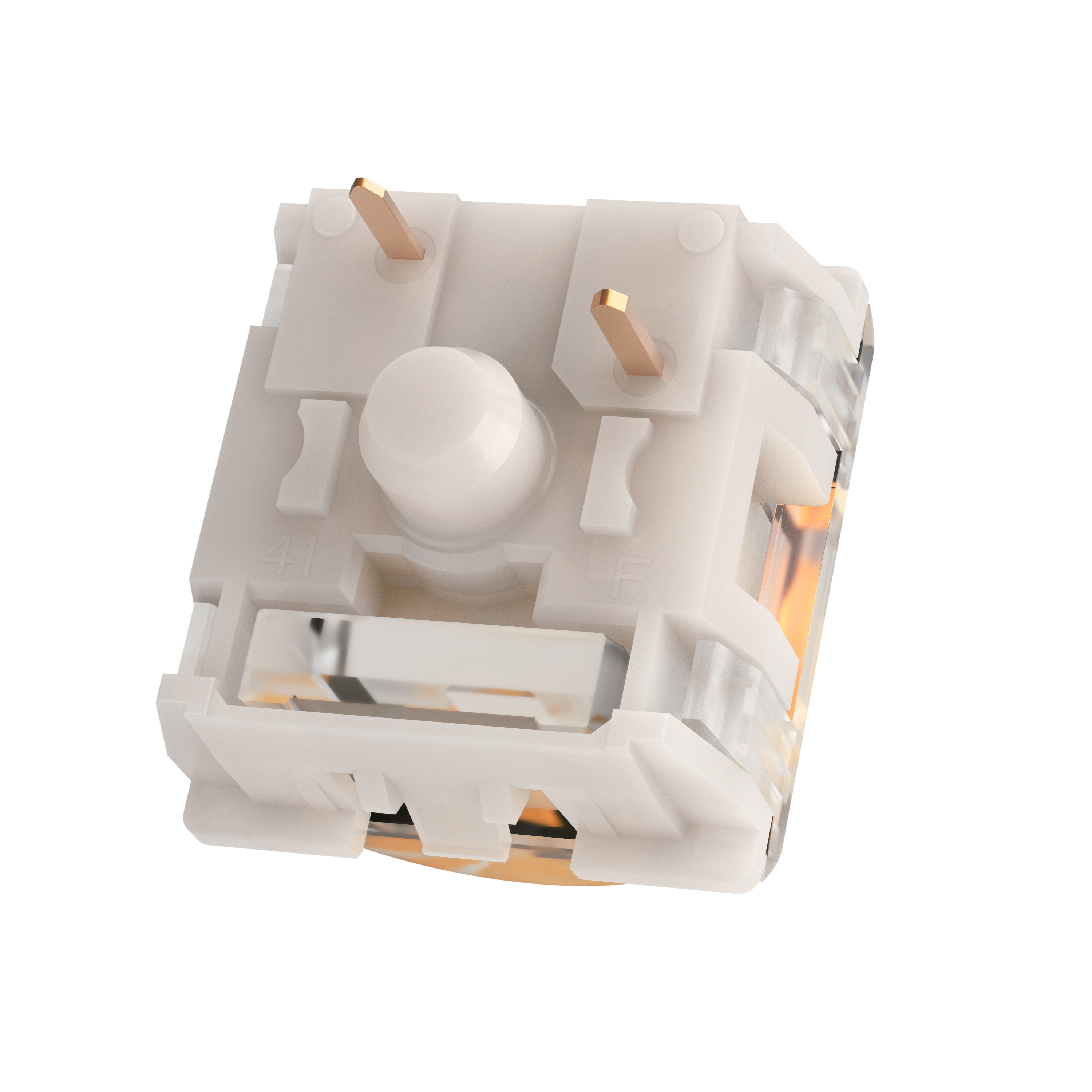 Weißer mechanischer Tastaturschalter mit Goldstiften und transparentem Gehäuse. Weißer Hintergrund.