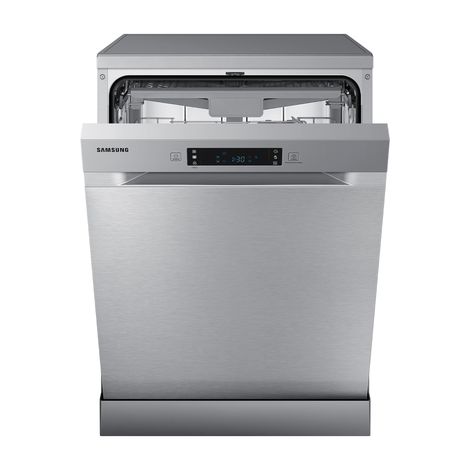 Lavastoviglie Samsung in acciaio inox con porta aperta. Pannello comandi e interno visibili.