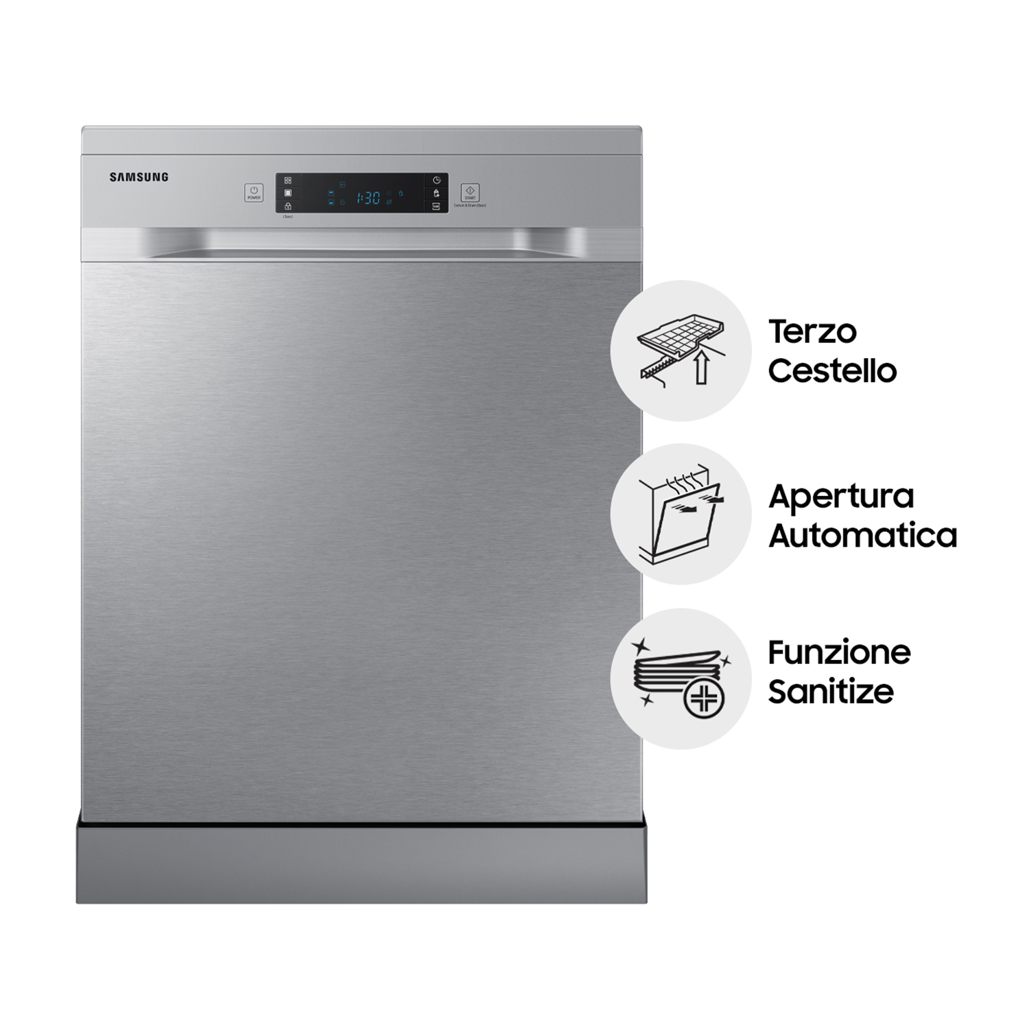 Una lavastoviglie Samsung argentata con icone e testo che descrivono le funzioni.
