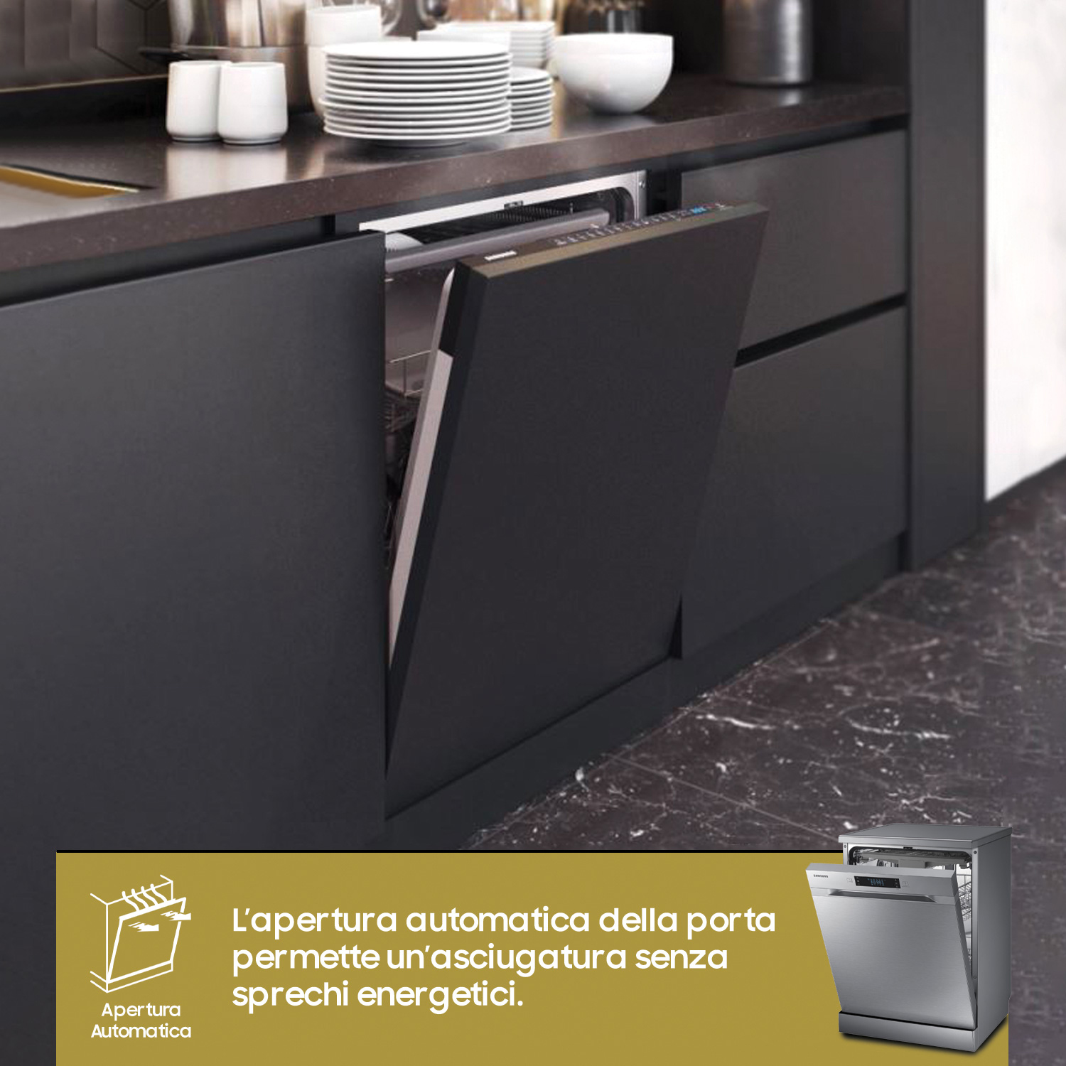Lavastoviglie con la porta aperta. Il testo spiega l'apertura automatica per l'efficienza energetica.