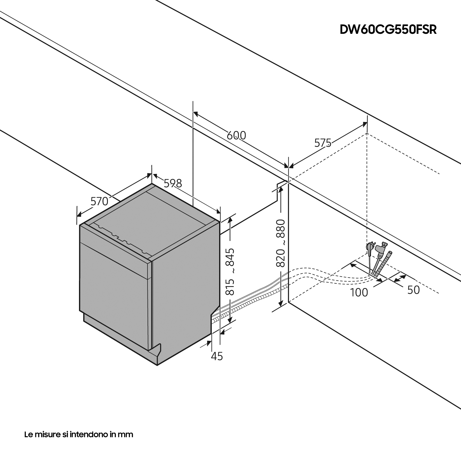 Un disegno tecnico di una lavastoviglie con dimensioni.