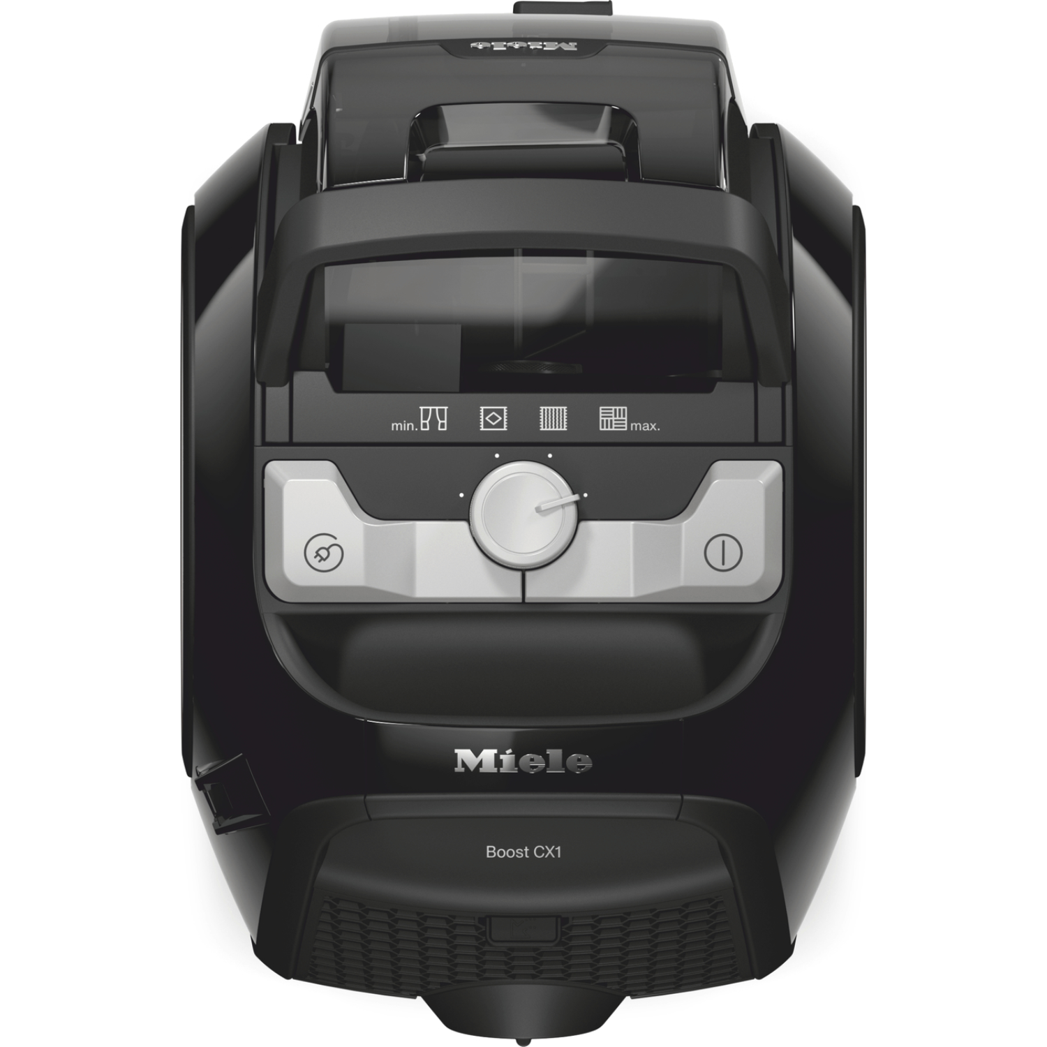 A top-down view of a black Miele Boost CX1 vacuum cleaner. It has a control panel and handle.