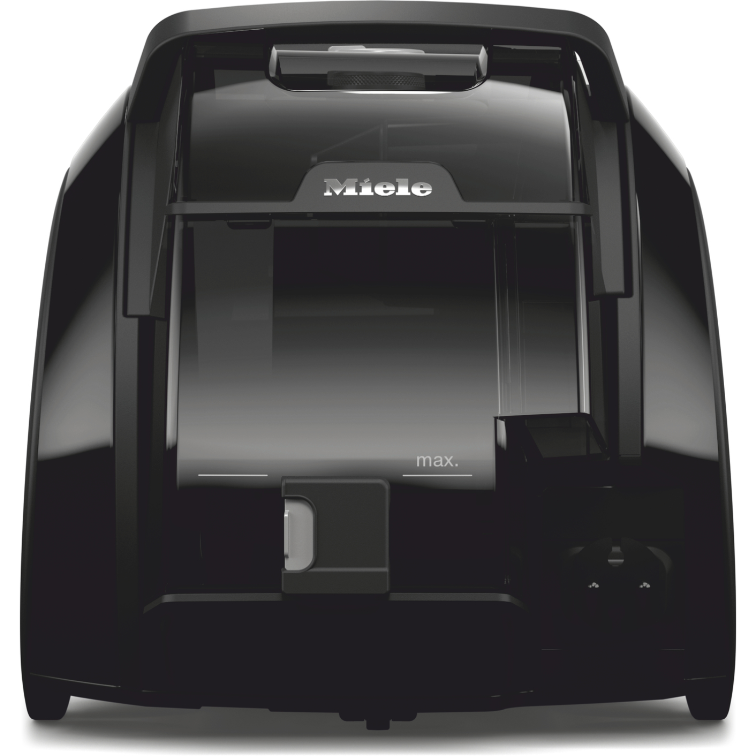 Black vacuum cleaner. Brand name Miele is visible.