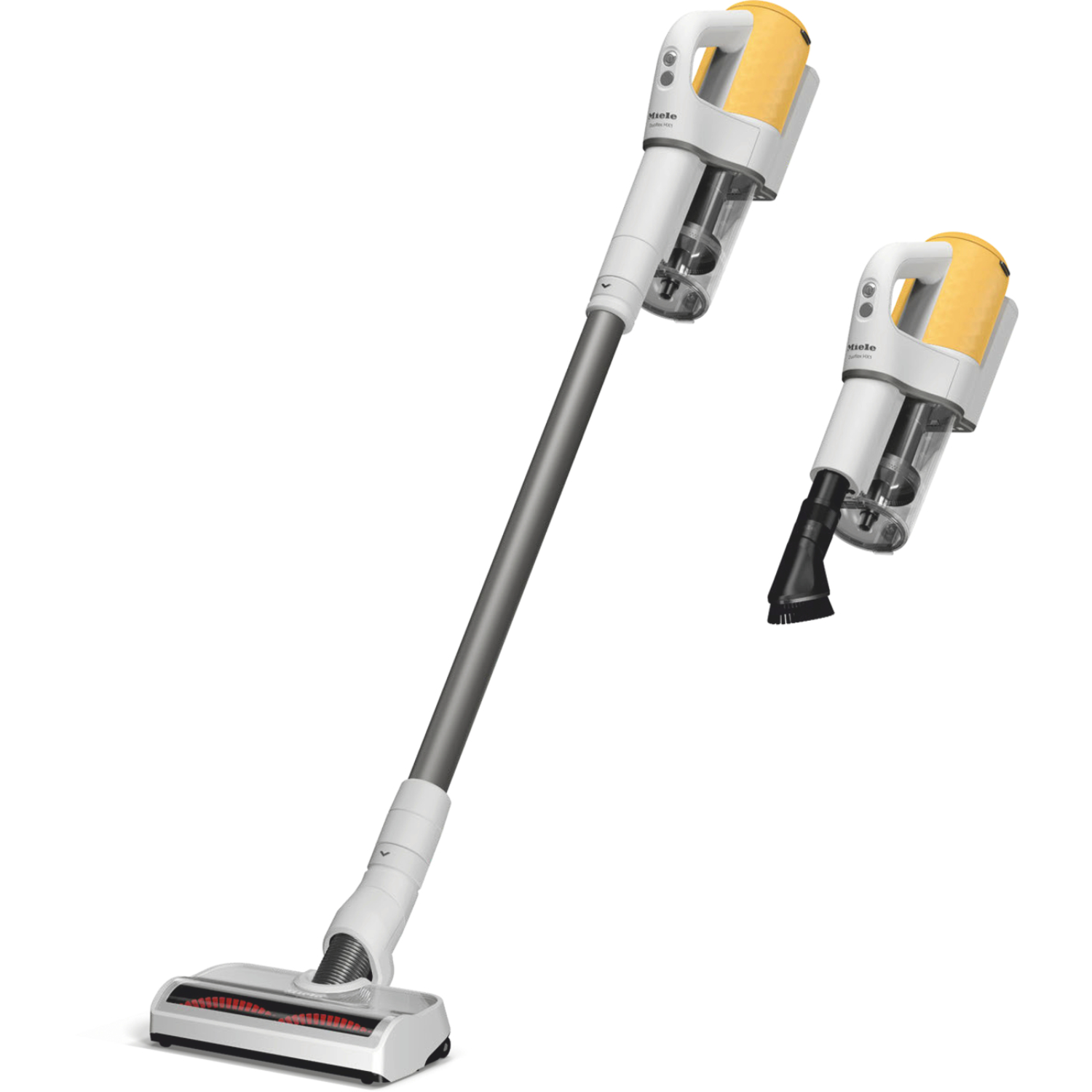 Witte en gele Miele stofzuiger, met een tweede kleinere weergave van de nozzle.