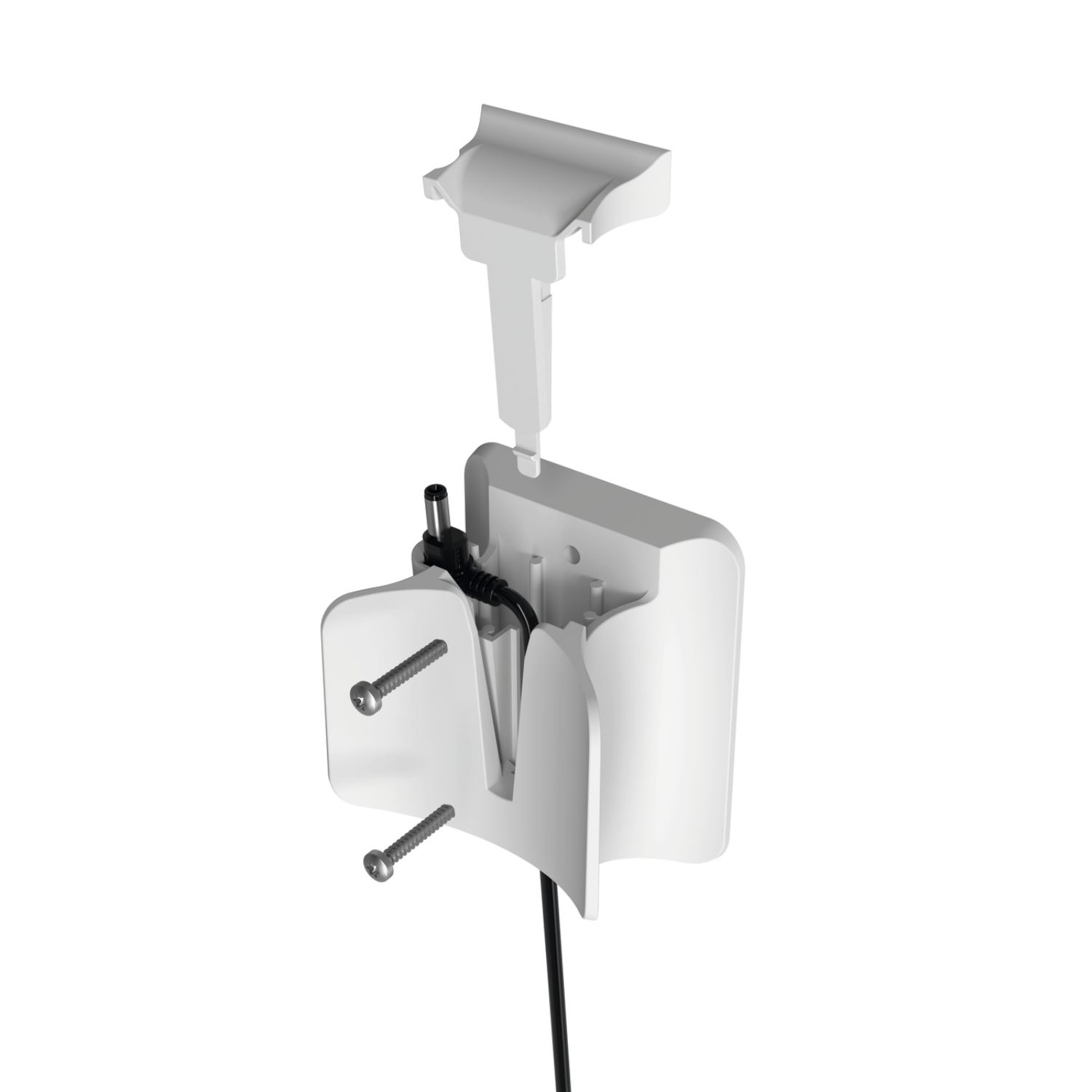 Wit plastic onderdeel met schroeven en een zwarte kabel.