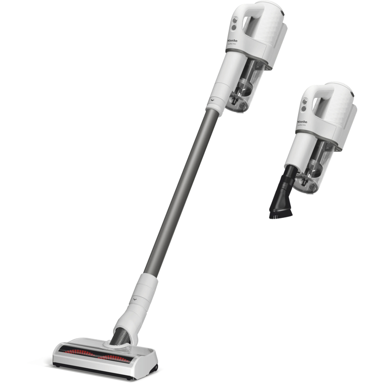 A white cordless vacuum cleaner with a long handle and black brush.
