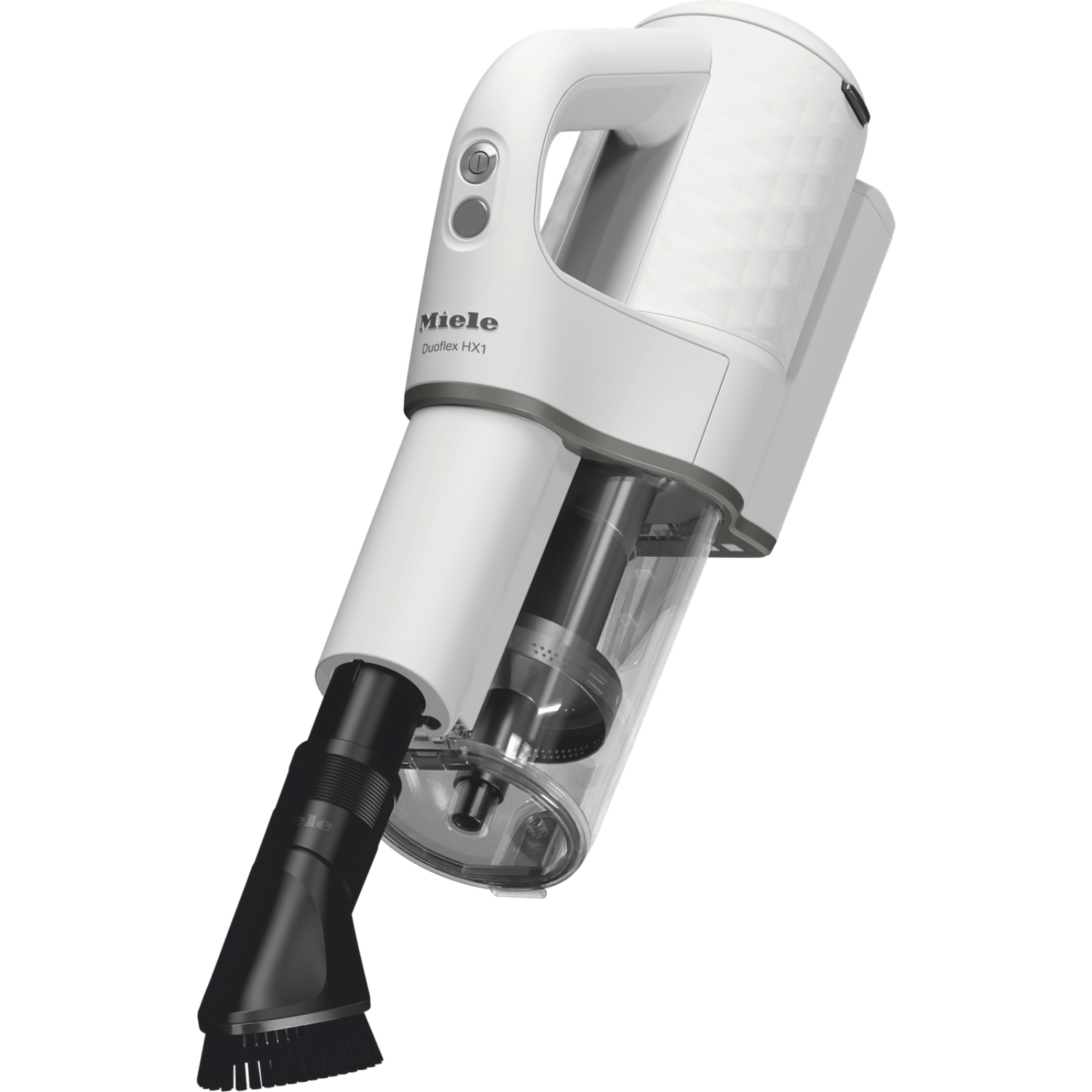 White Miele Duoflex HX1 vacuum cleaner. The vacuum cleaner is a cordless stick vacuum.
