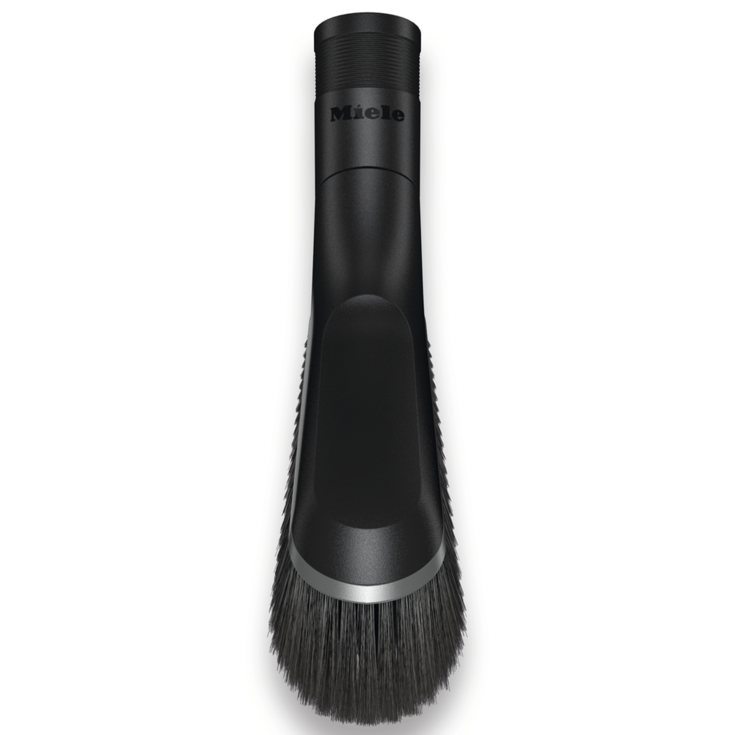 A black vacuum cleaner brush head with bristles and silver trim.