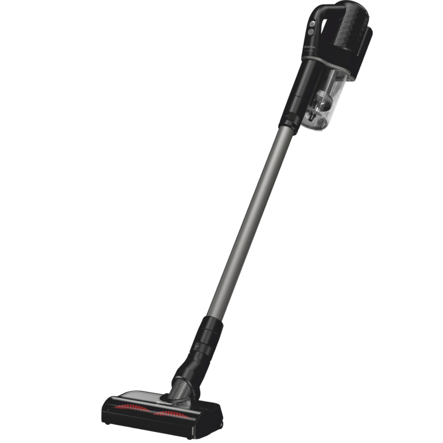 A black and gray cordless vacuum cleaner against a black background.