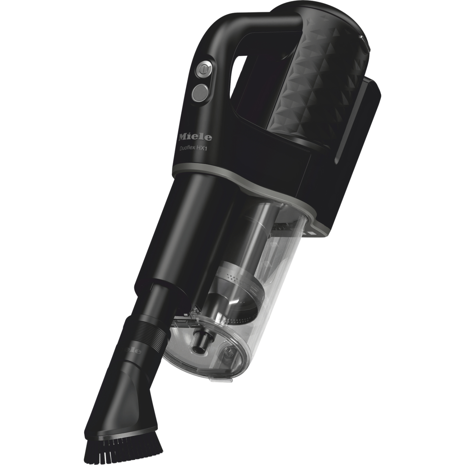 Black handheld vacuum cleaner with a brush attachment. The vacuum is angled to the right.