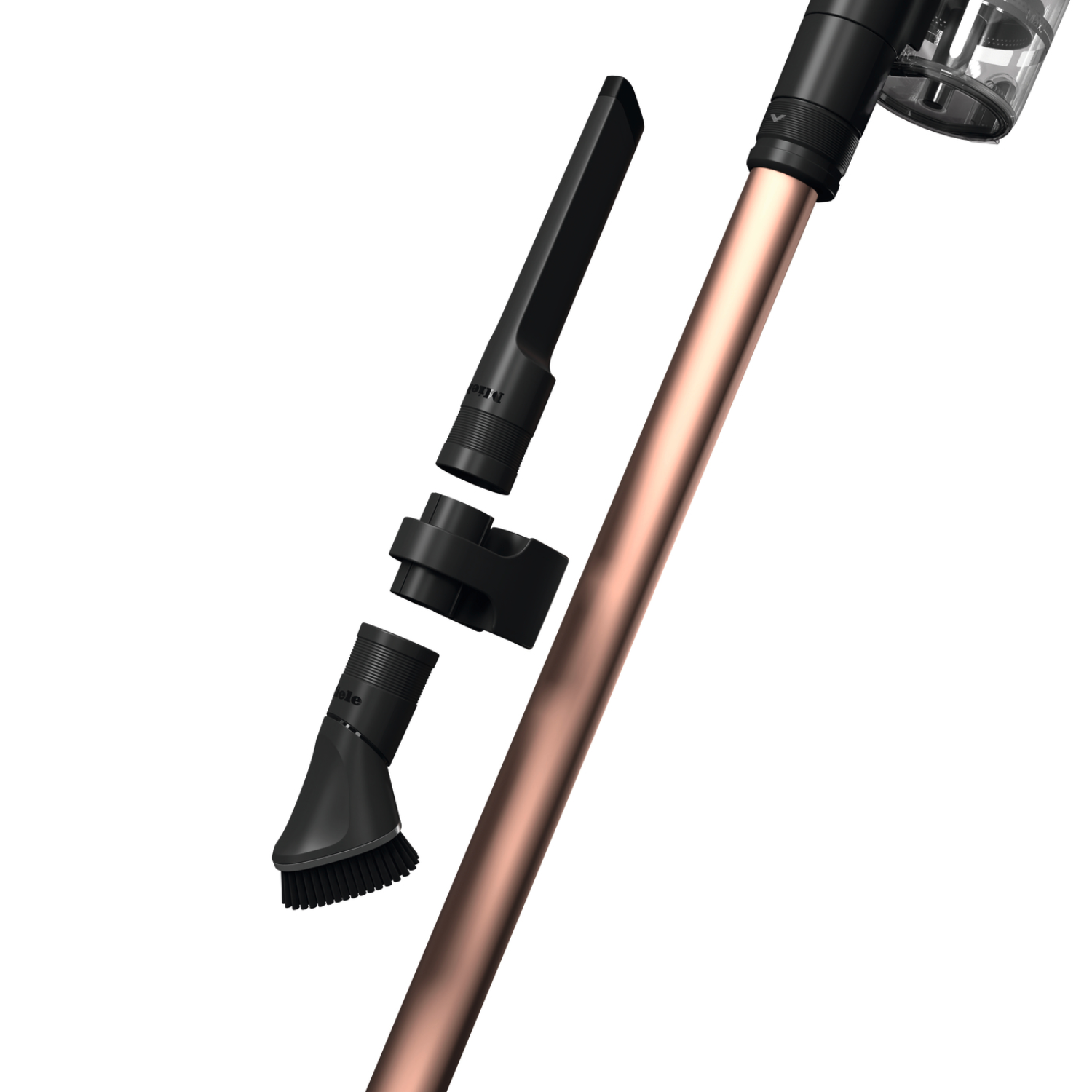 A cordless vacuum cleaner with attachments, copper and black colors, against a white background.