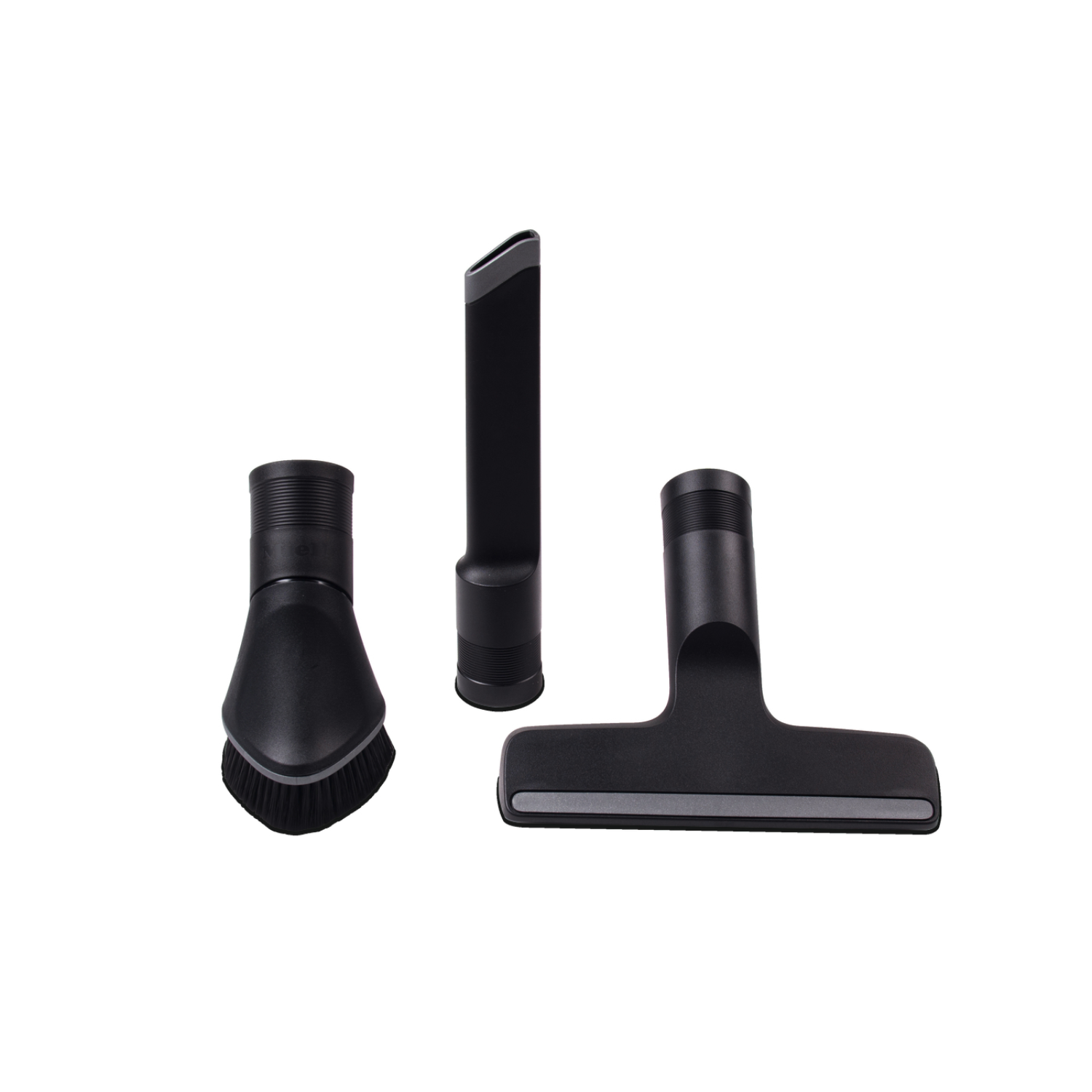 Three black vacuum cleaner attachments: brush, crevice tool, and floor nozzle.