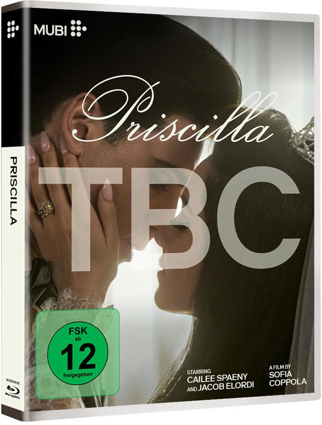 DVD-Cover. Ein küssendes Paar mit dem Titel Priscilla TBC. Film mit Cailee Spaeny und Jacob Elordi.