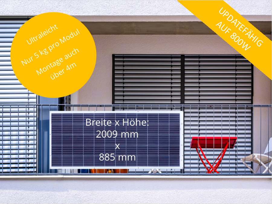 Solarpanel auf einem Balkon, mit Text über leichtes Design und Abmessungen.