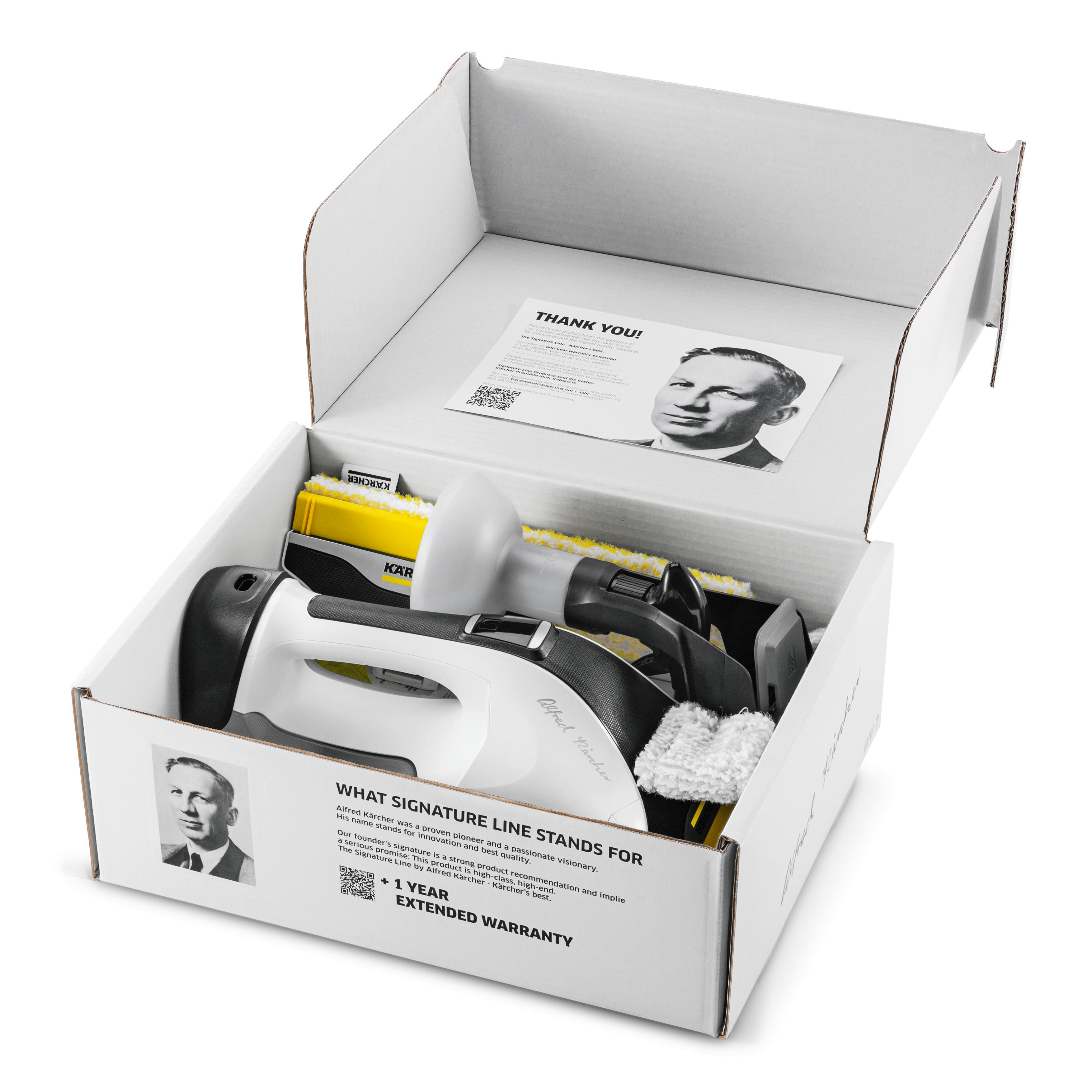 Eine offene Box mit Reinigungsgeräten. Die Box hat ein Bild eines Mannes auf dem Deckel.