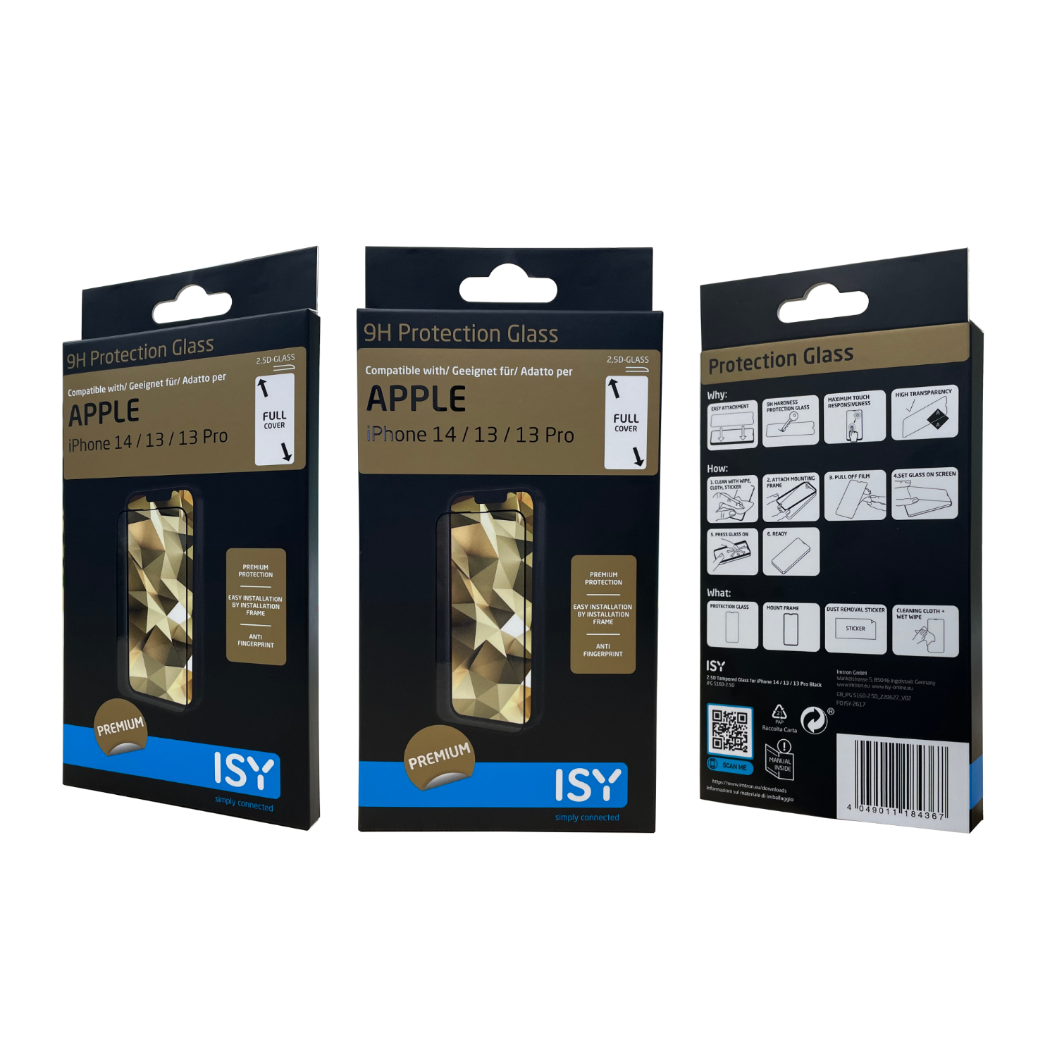 Three boxes for iPhone screen protectors, with the ISY brand and product info.
