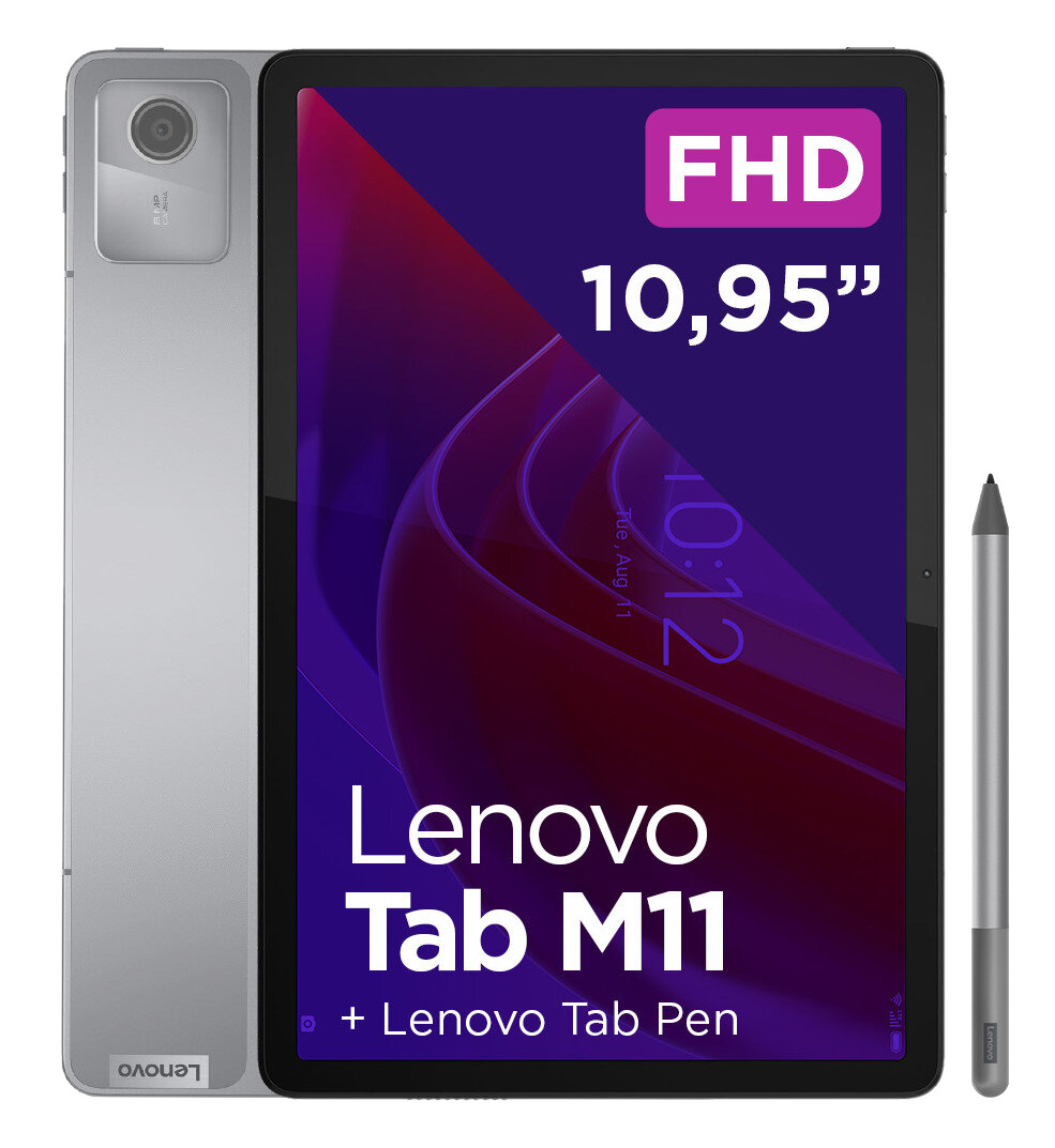 Srebrny tablet Lenovo Tab M11 z rysikiem, na czarnym tle. Ekran wyświetla 'FHD 10,95"' i godzinę.