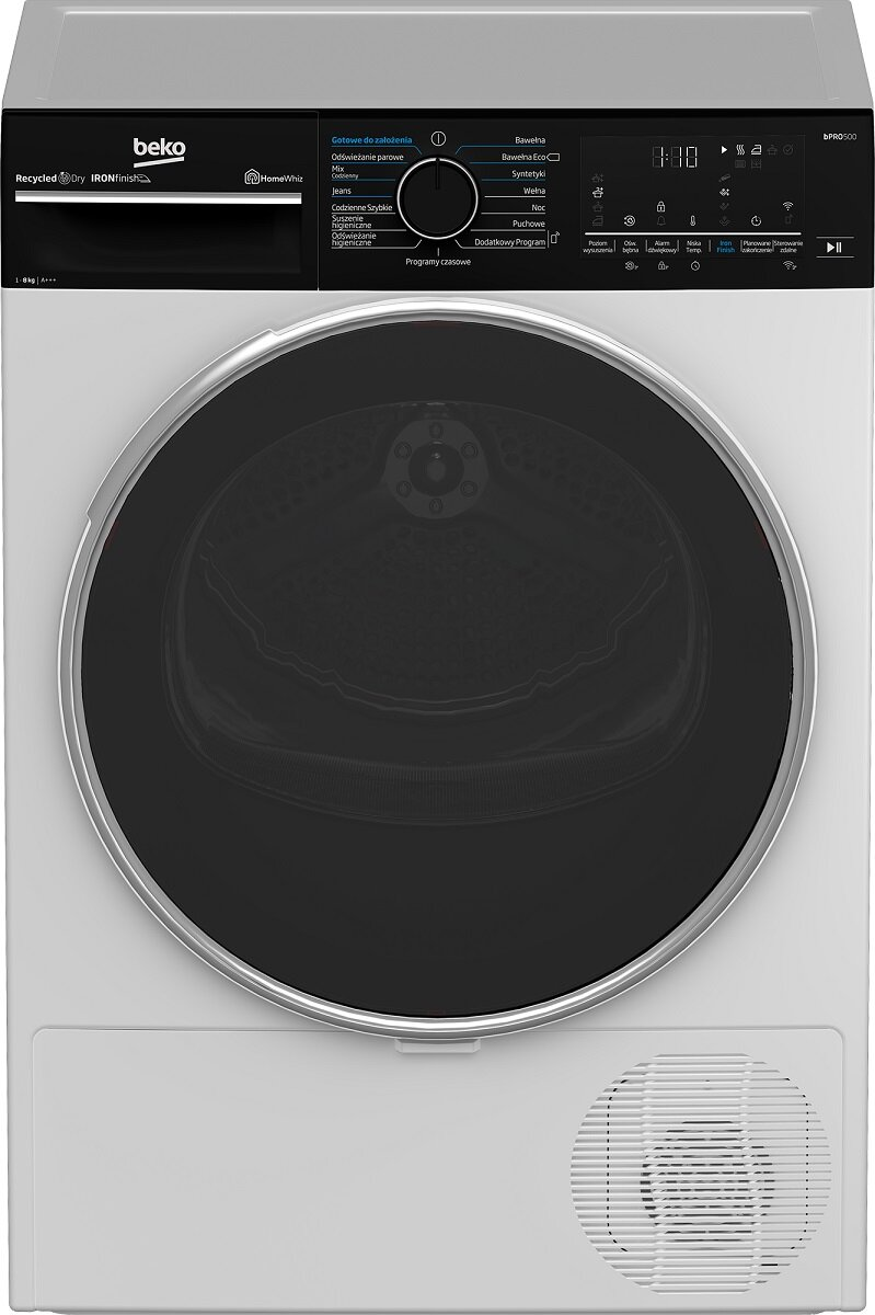 Biała suszarka Beko z czarnym panelem sterowania i okrągłymi drzwiami.