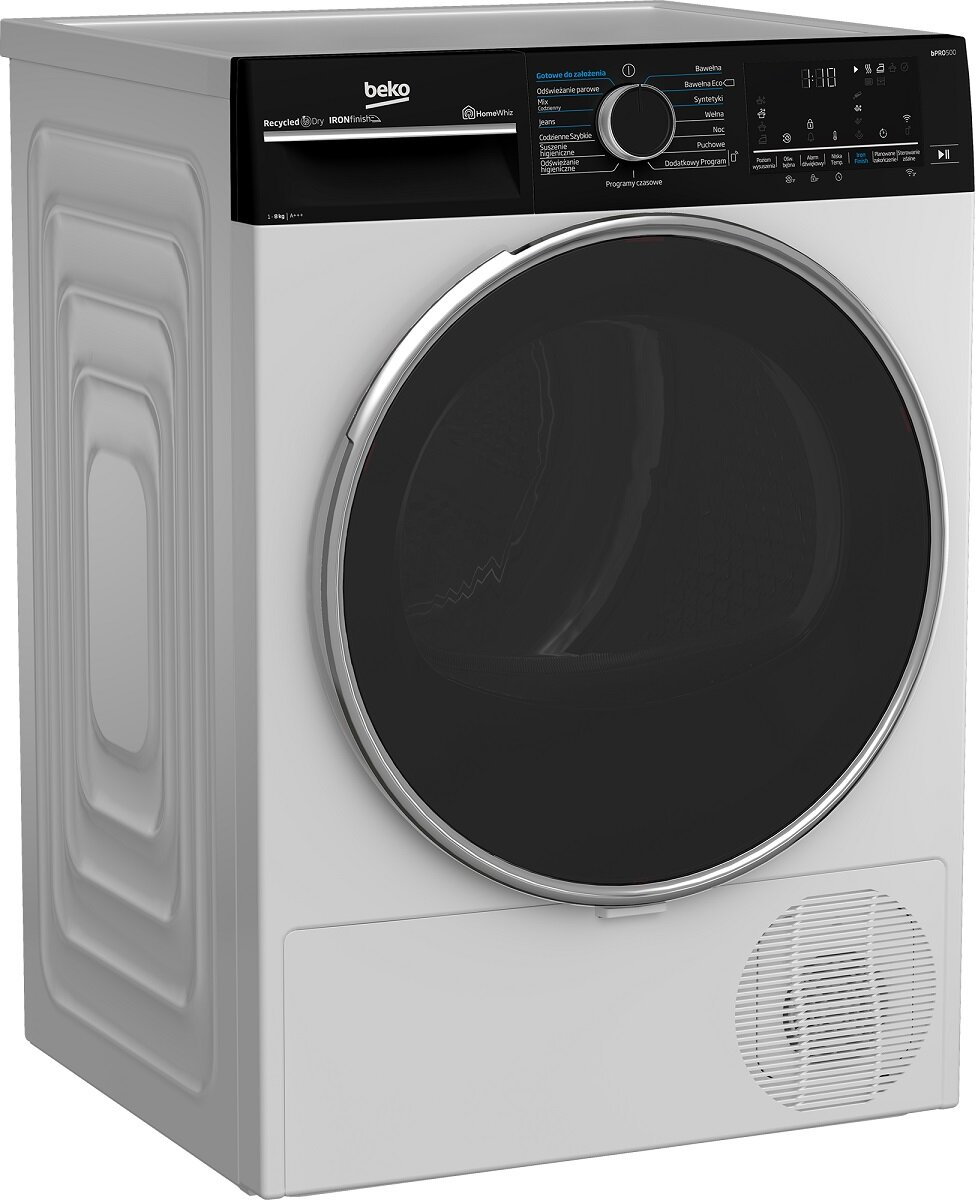 Biała suszarka Beko. Posiada czarny panel sterowania z okrągłym pokrętłem.