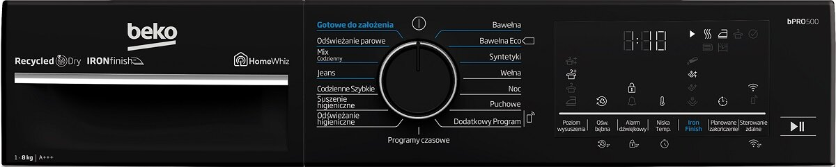 Panel sterowania pralki. Posiada przyciski i wyświetlacz. Tło jest czarne.