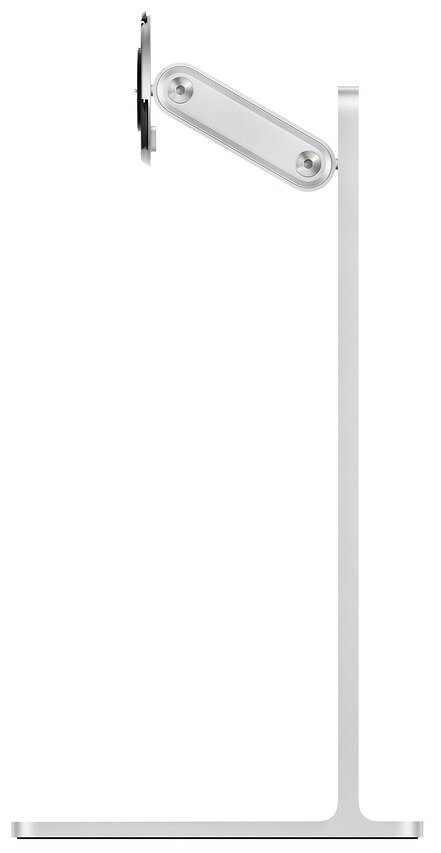 Srebrny stojak na monitor komputerowy. Ma podstawę, pionowy słupek i regulowane ramię.