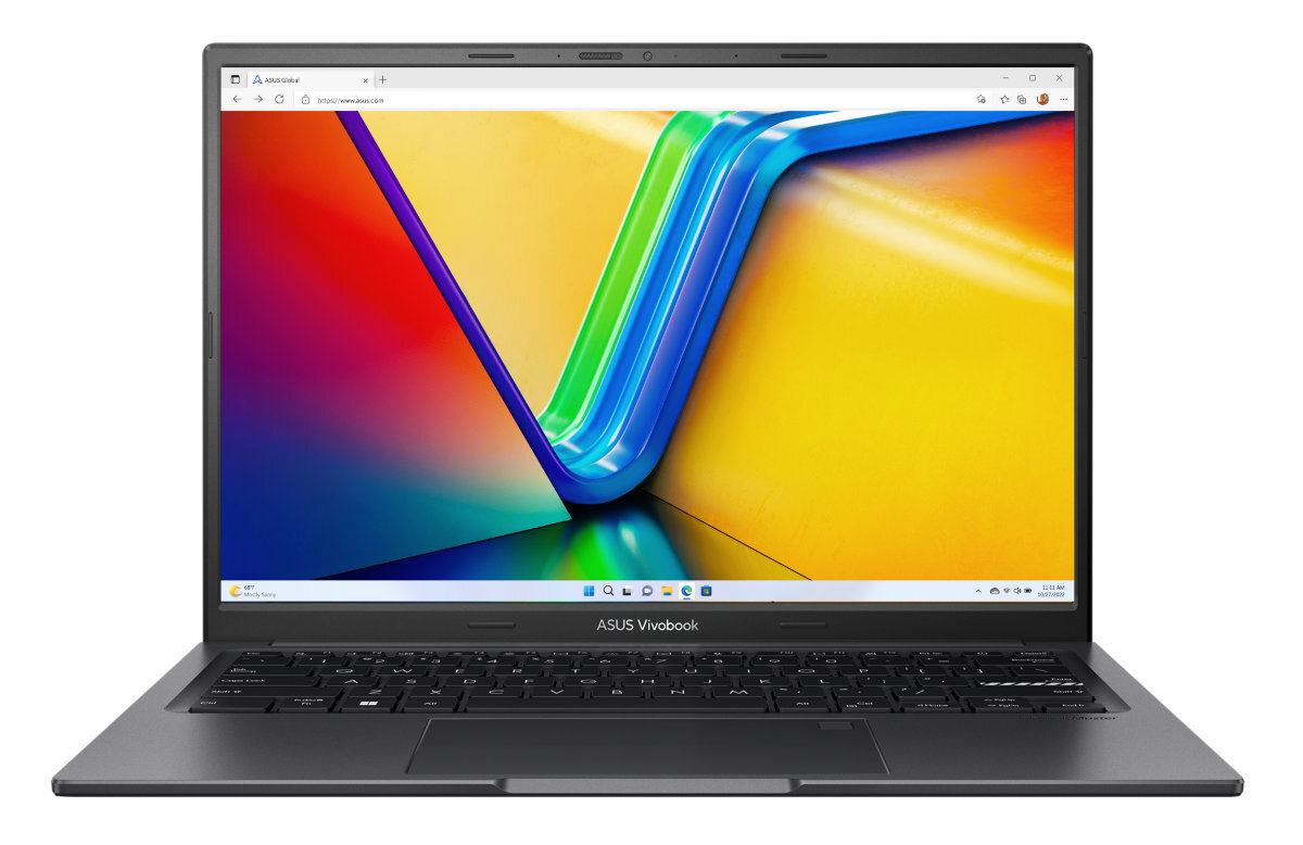 Laptop z kolorowym ekranem, otwarty na białym tle.