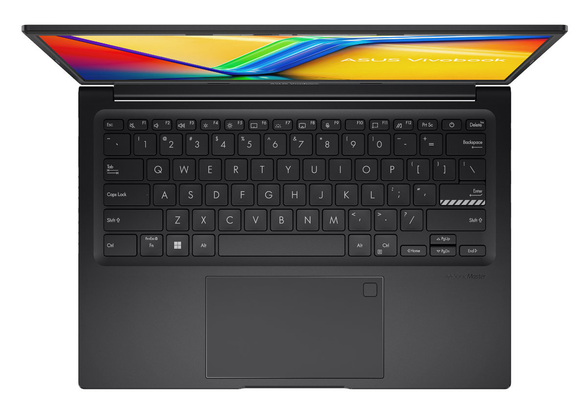 Widok z góry na laptopa z otwartym ekranem, widoczną klawiaturą i gładzikiem.