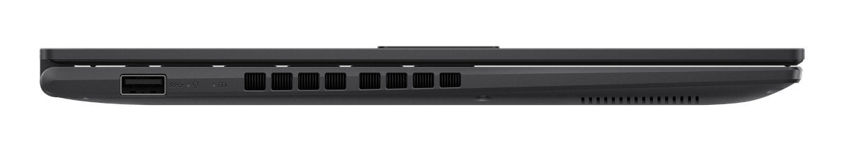 Widok z boku czarnego laptopa z portami na białym tle.