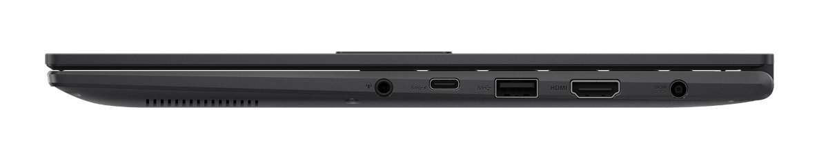 Widok z boku czarnego laptopa z widocznymi portami. Zawiera USB, HDMI i gniazda audio.