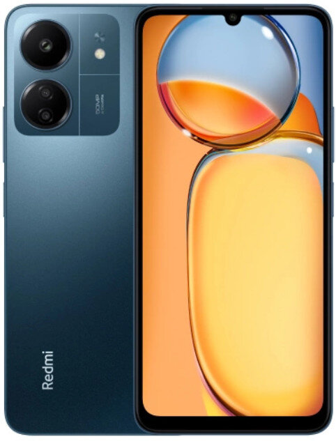 Niebieski smartfon. Dwie soczewki aparatu z tyłu. Ekran wyświetla kolorowy obraz.