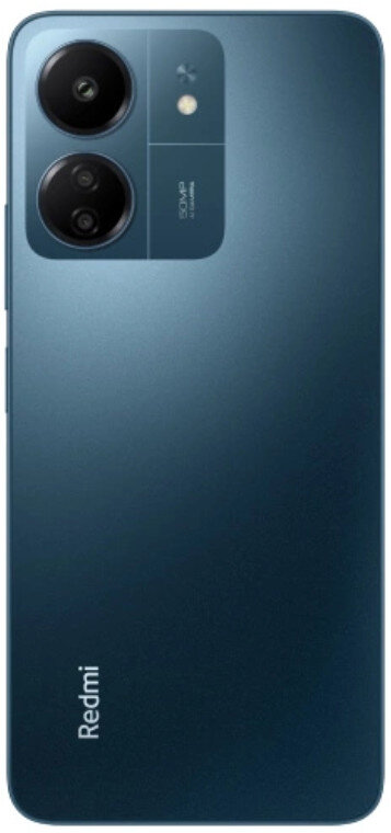 Niebieski tył telefonu Redmi z dwoma aparatami i tekstem 50MP. Białe tło.