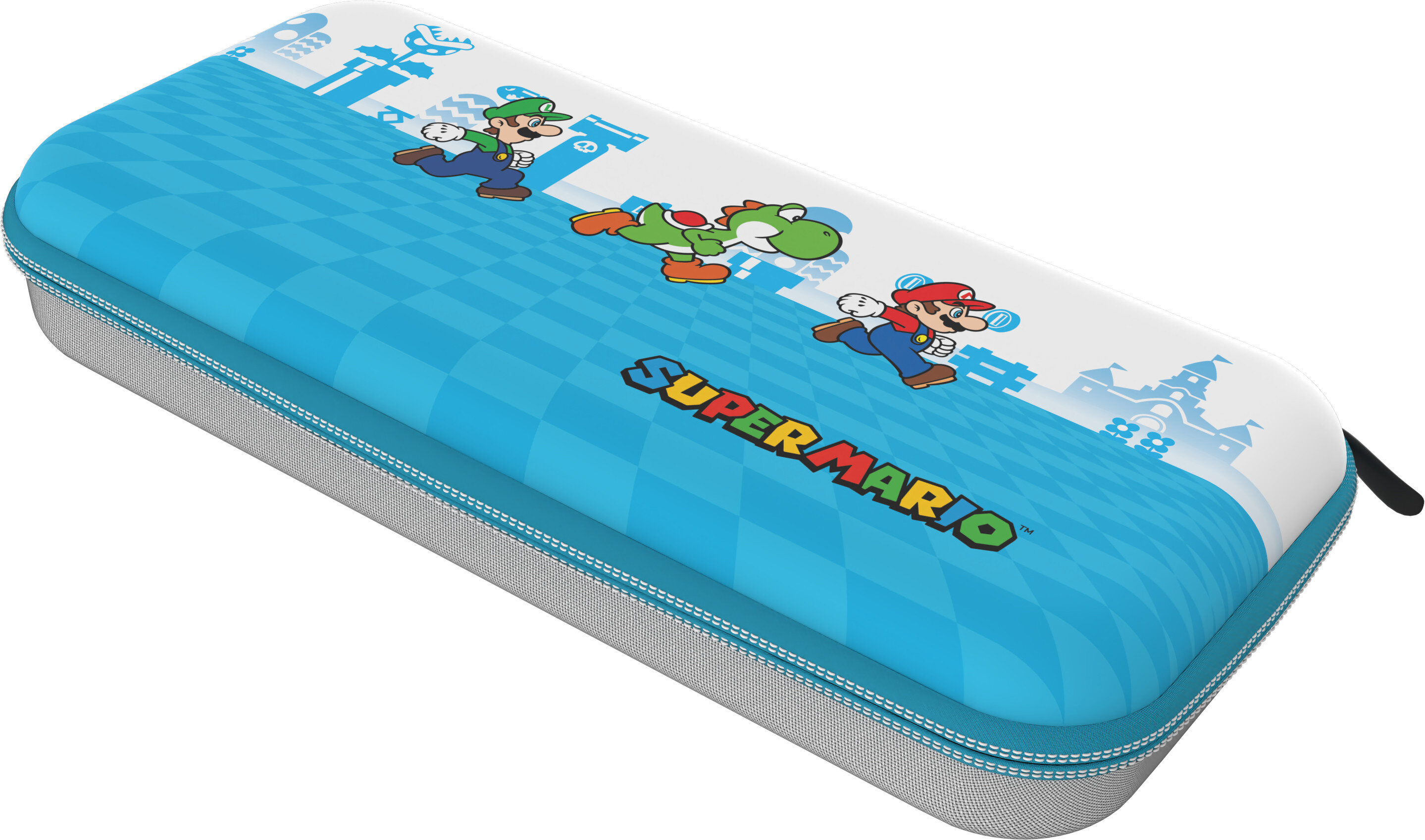 Etui do gry Super Mario Bros. z Mario, Luigim i Yoshim na niebiesko-białym tle.