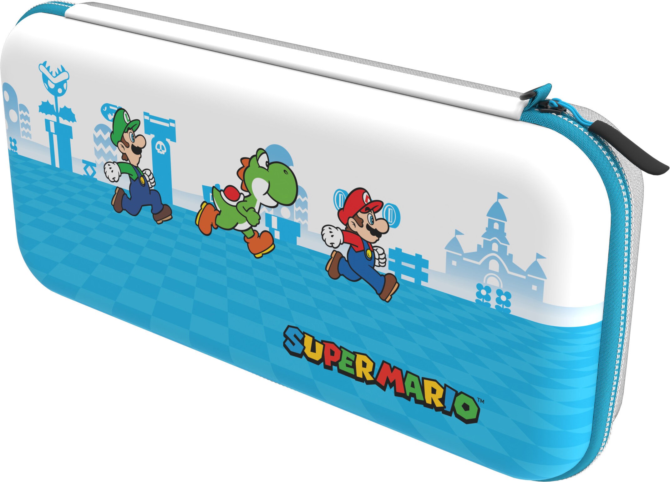 Etui Mario, niebieski i biały design. Mario, Luigi i Yoshi biegną. Niebieskie tło.