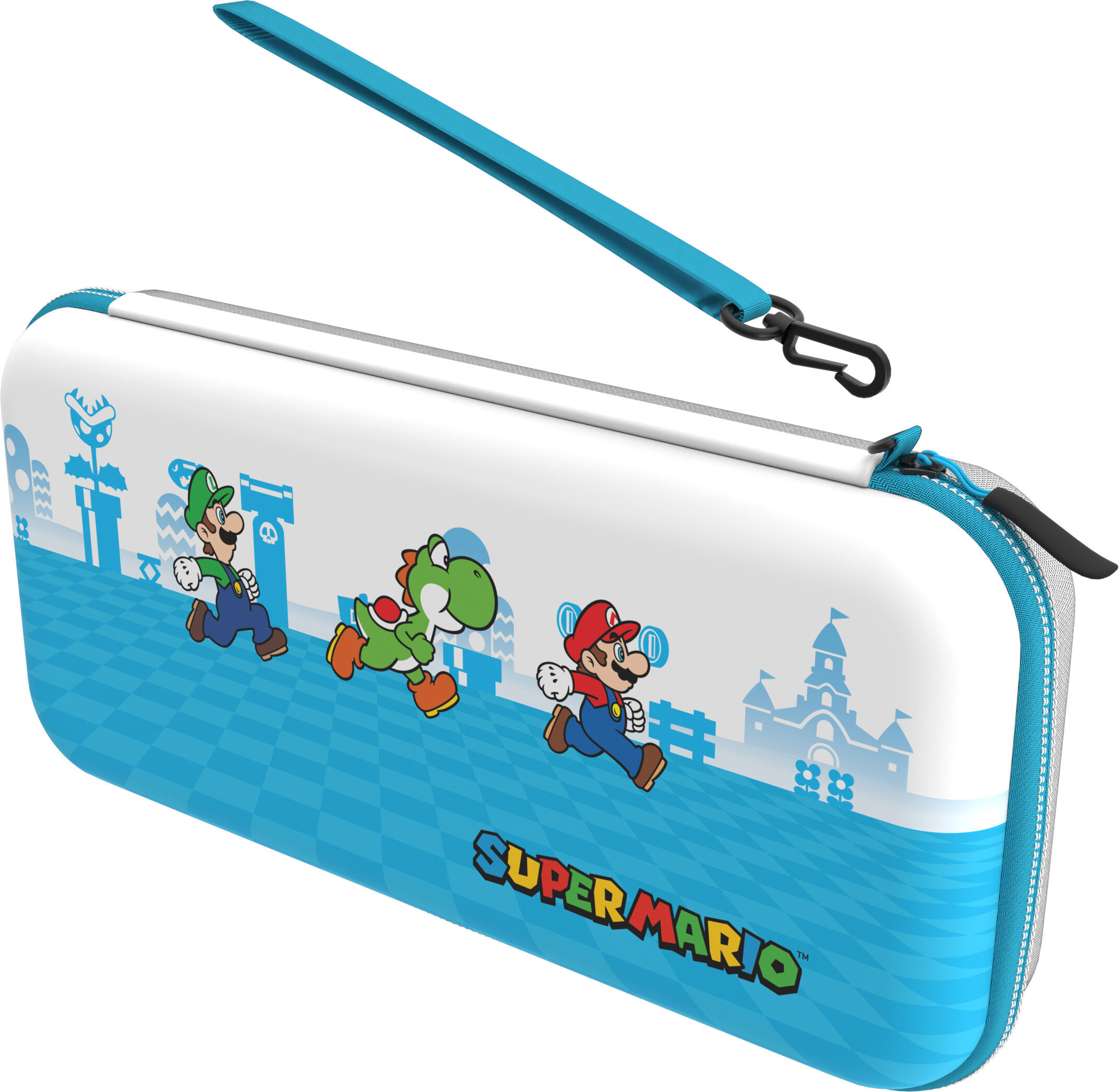Etui Super Mario z Mario, Luigim i Yoshim biegnącymi. Etui jest niebieskie i białe.