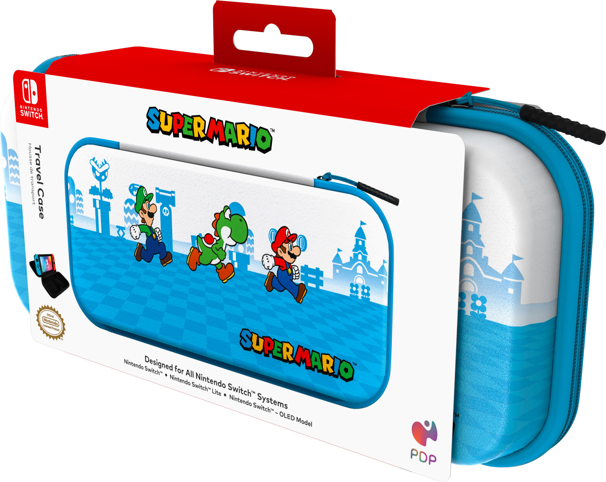 Walizka podróżna Super Mario z postaciami i zamkiem z przodu.